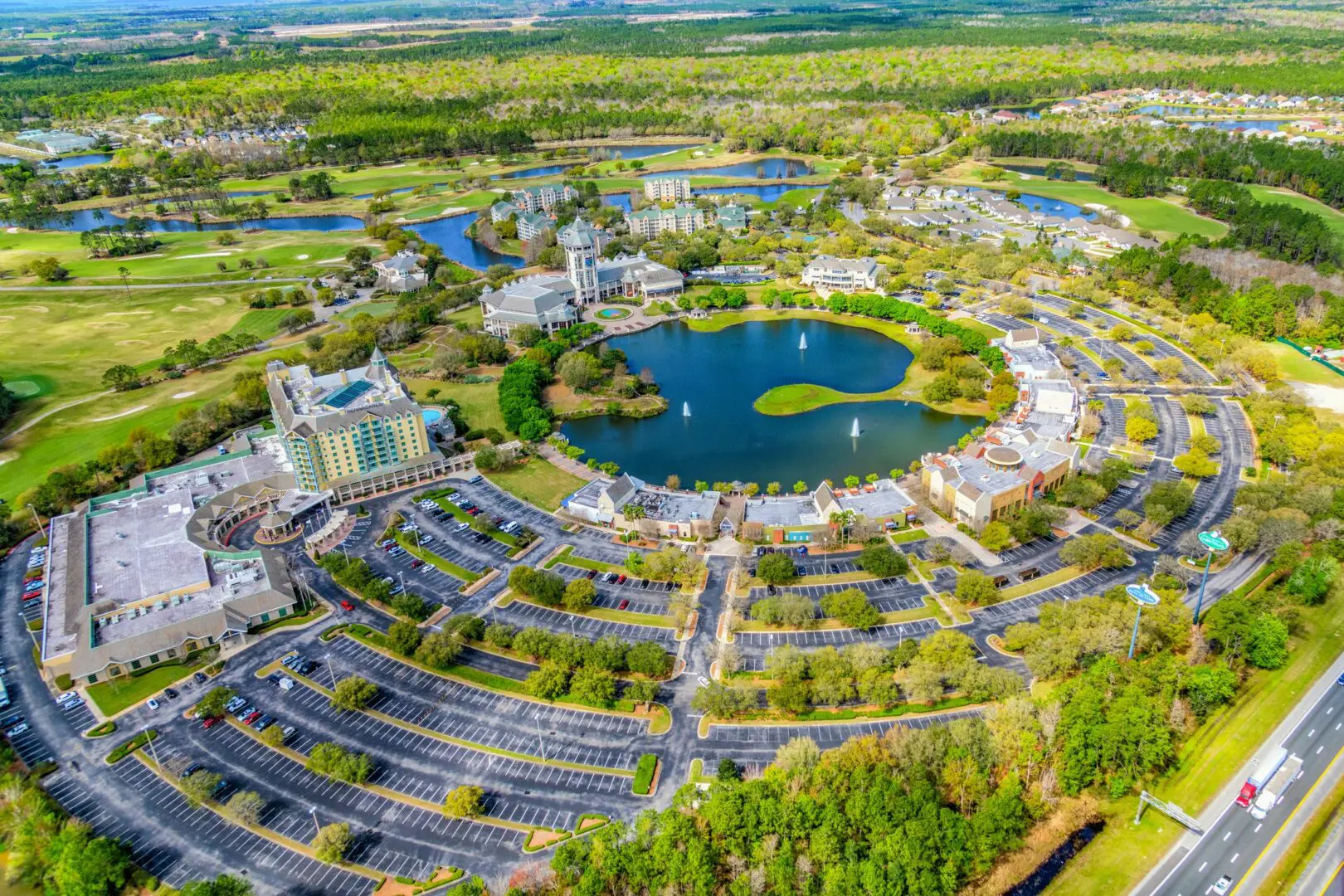 Scenic aerial shot of golf village layout