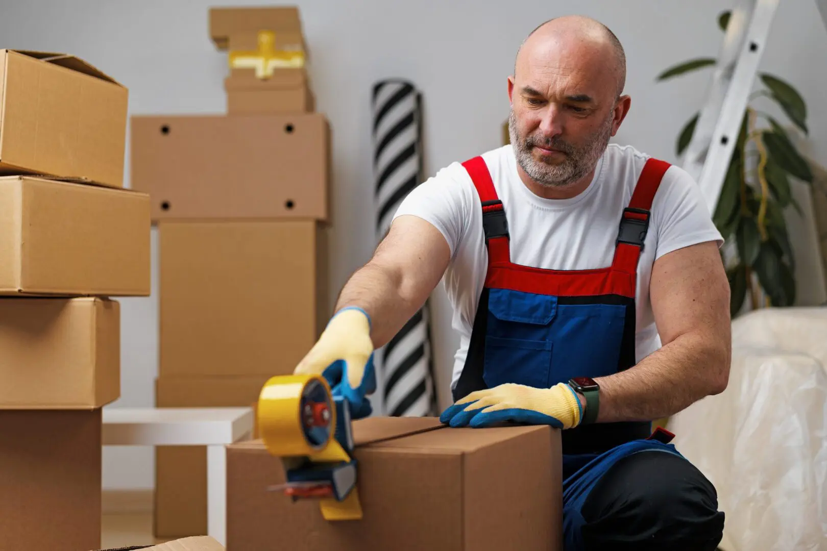 Mover sealing a box with tape.