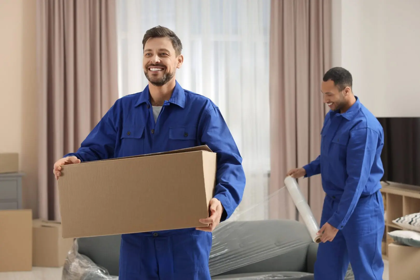 Two movers handling boxes indoors with smiles.