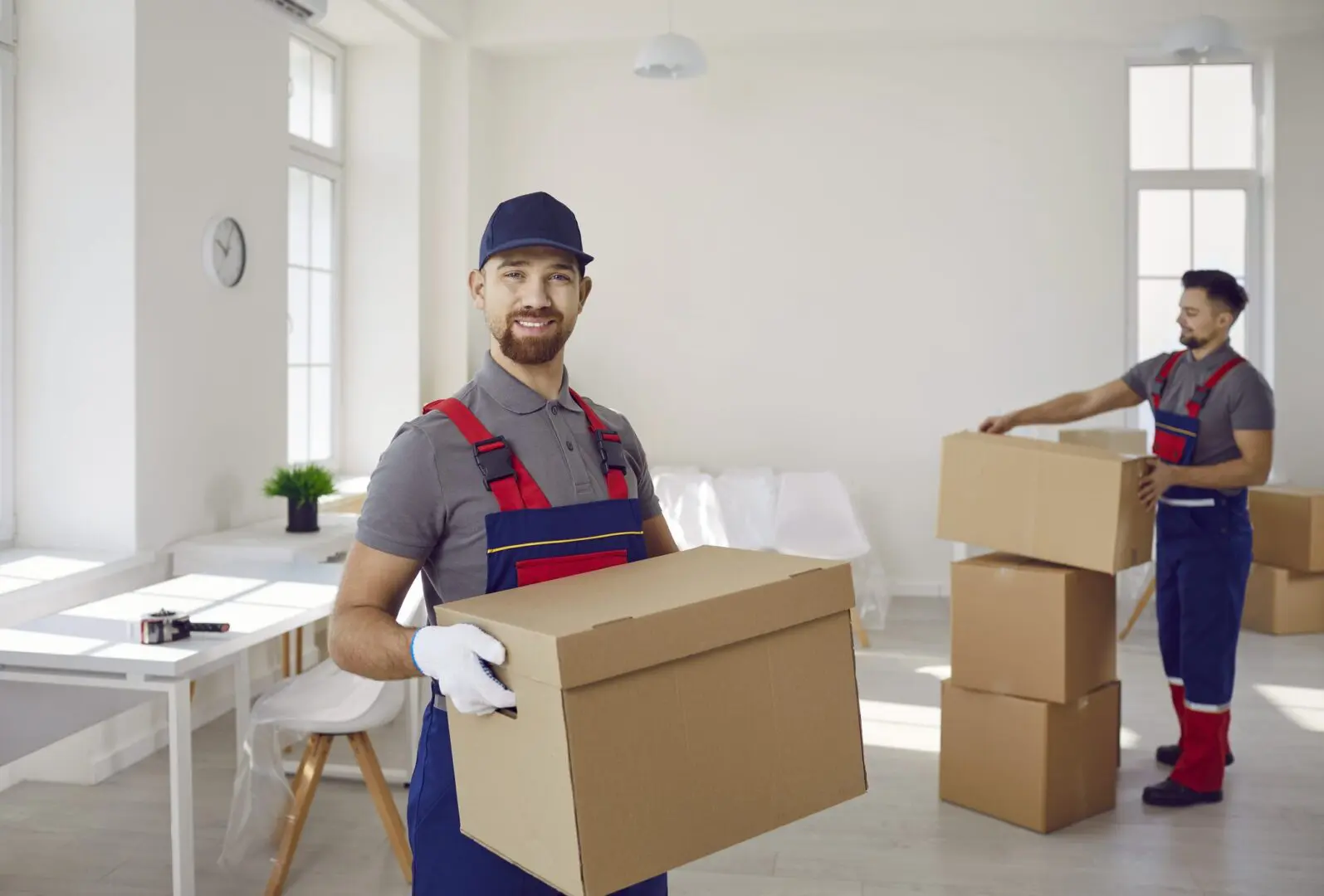 Movers handling boxes in a bright room.
