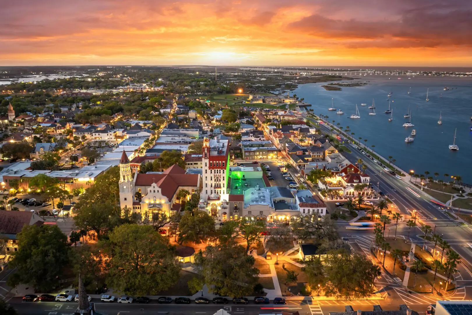 Aerial view of a vibrant coastal city.