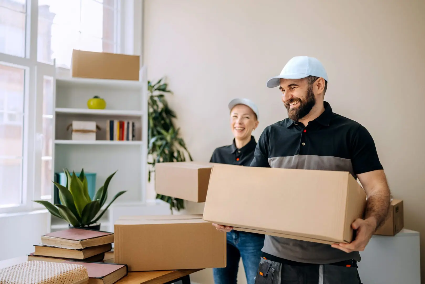 Two movers smiling while carrying boxes indoors.