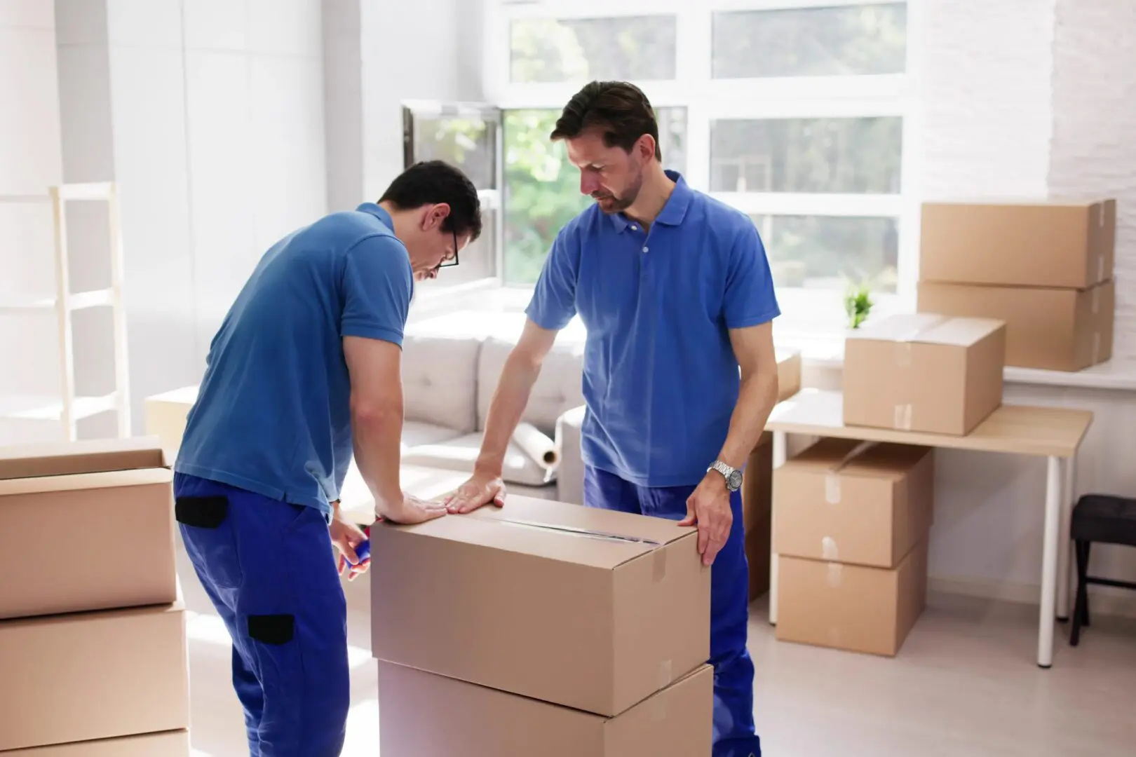 Two movers organizing boxes indoors together.