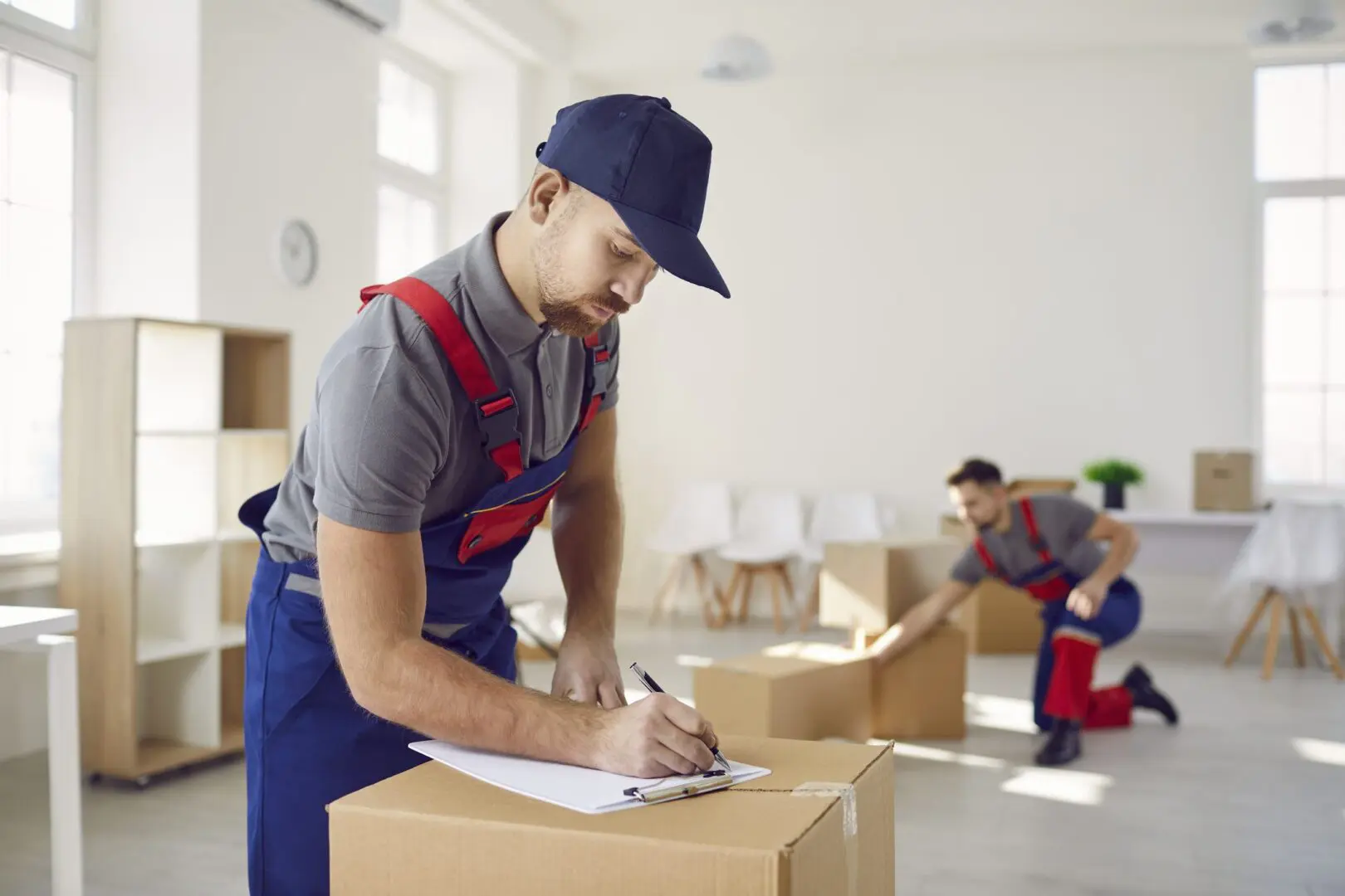 Movers organizing boxes in a bright room.