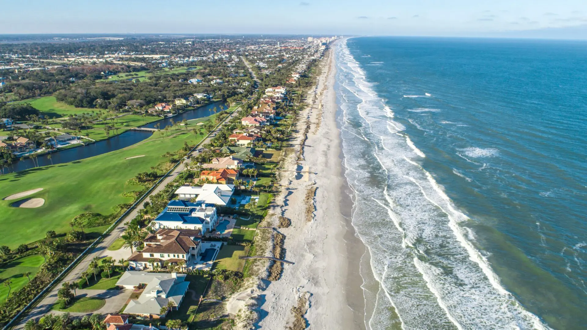 Aerial shot of waterfront properties