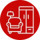 Red circle with a white outline of a couch and a lamp in the center, set against a white background